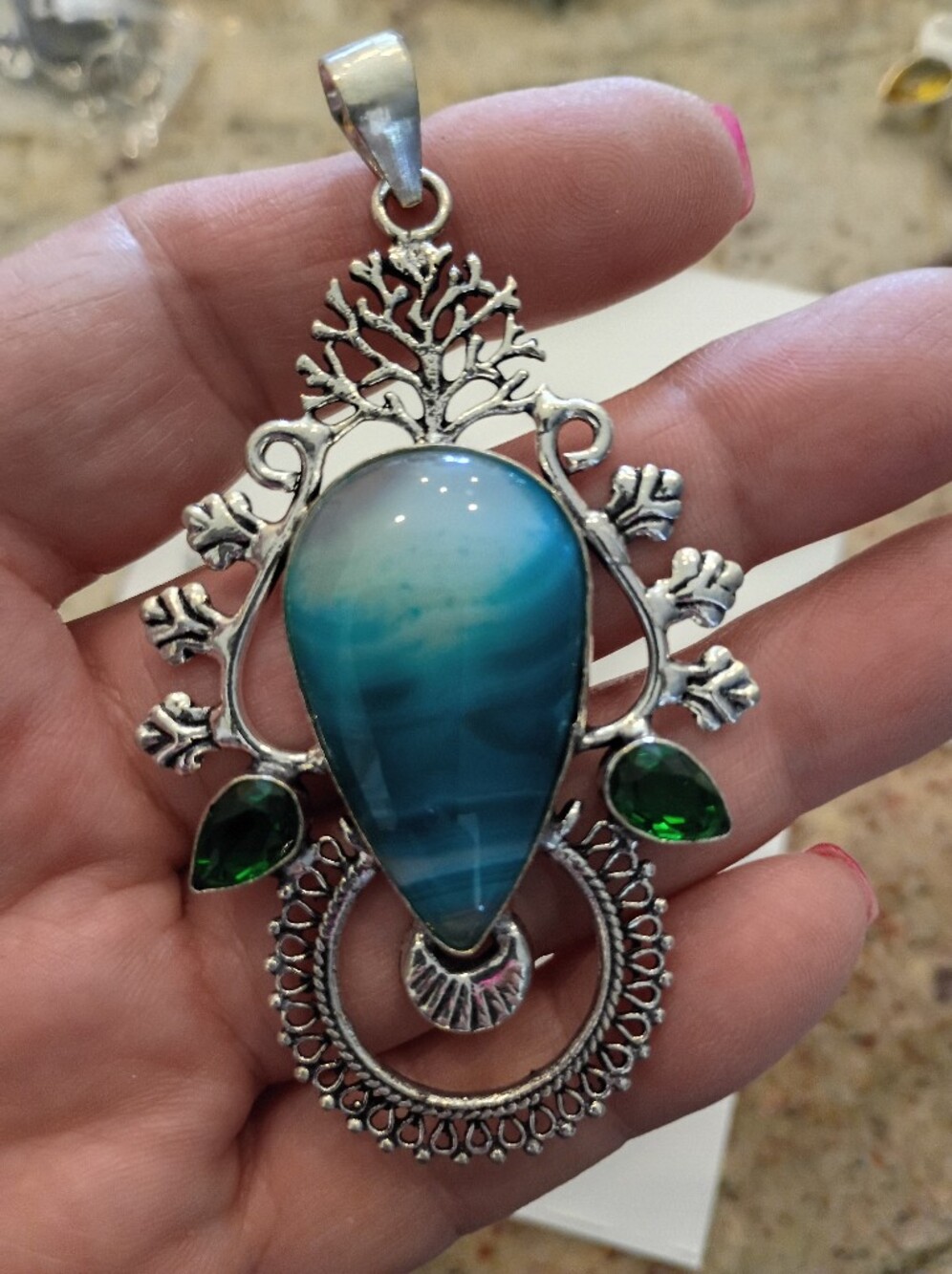 Huge Silver-Tone Teardrop Blue AgateW Green Accents BEAUTIFUL!